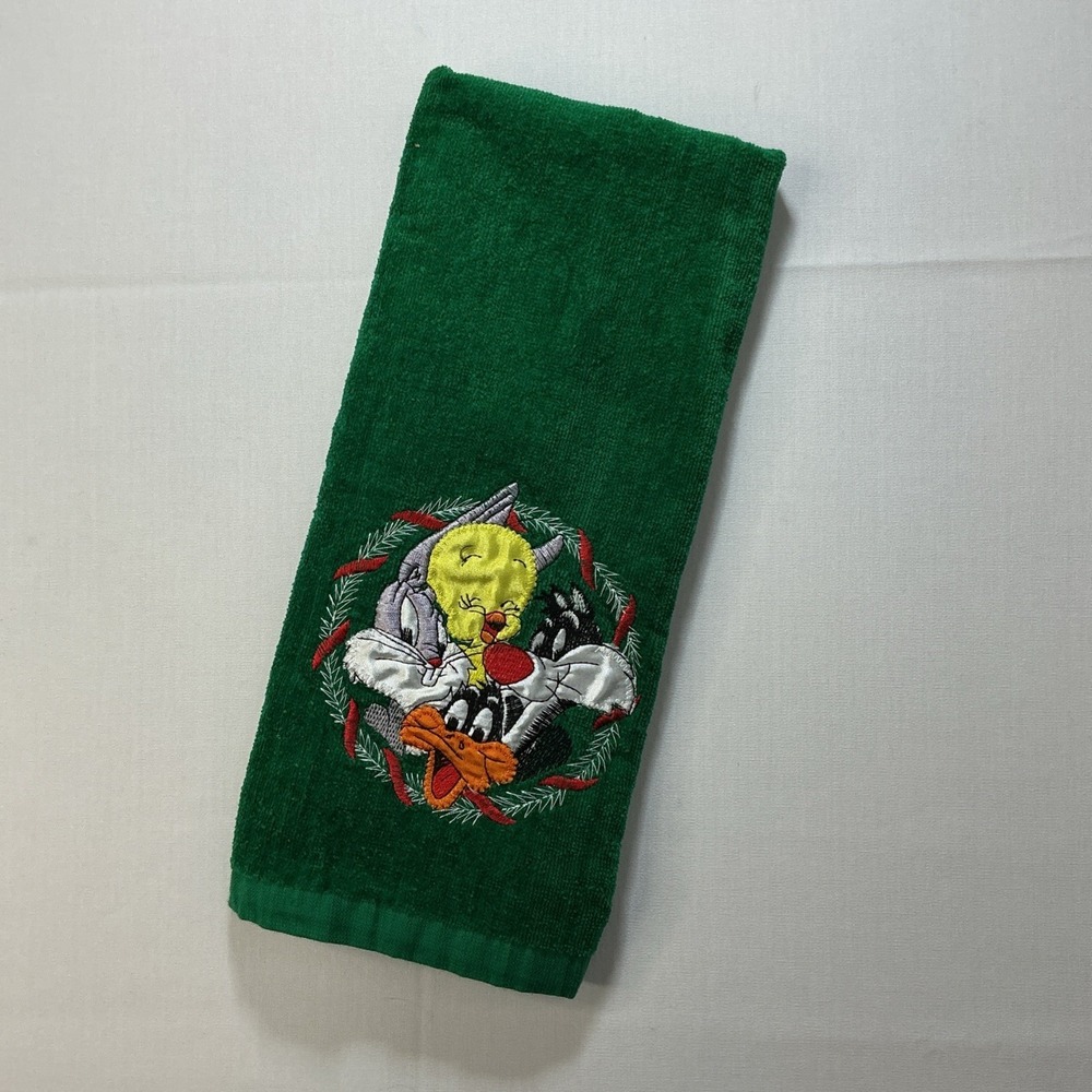 VTG 90s Looney Tunes Christmas Hand Towel Green Bugs Daffy Tweety‎ Sylvester EUC